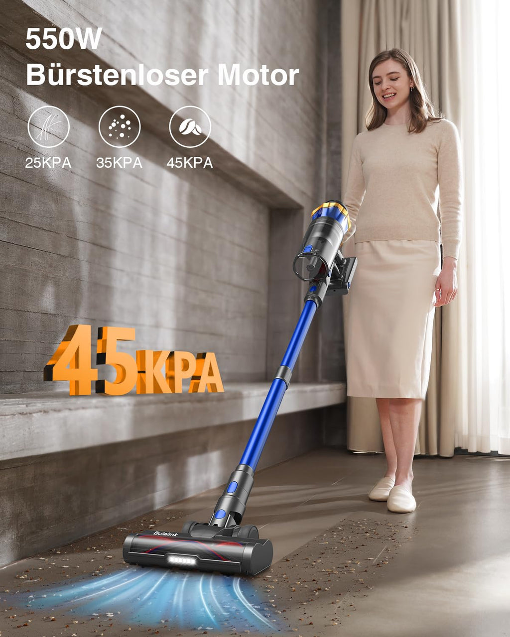 Akku-Staubsauger 45.000 Pa – kabellos, 65 Min, Display, Anti-Haar, 1,6 L, für Tierhaare & Böden